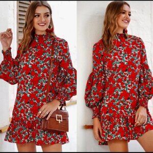 Floral Print Ruffle Hem Bishop Sleeve Dress